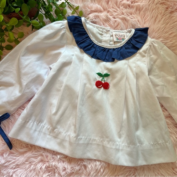 The Smocking Place Navy Blue White Cherry Embroidered Ruffle Blouse & Bloomers 2 - Picture 5 of 8